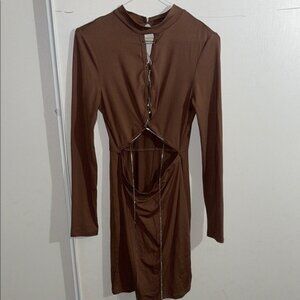 SHEIN Brown Ruched Tie Front Bodycon Dress